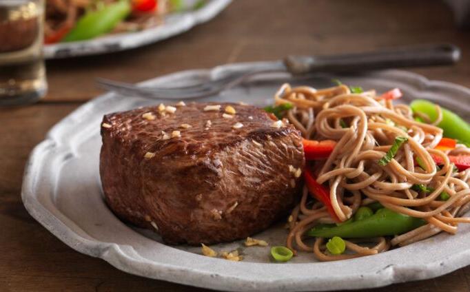 Asian Strip Filets with Soba Noodle and Vegetable Salad