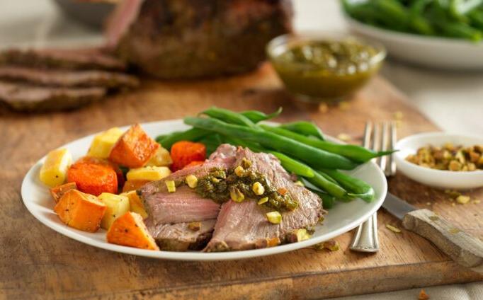 Herb-Crusted Beef Roast with Pistachio-Leek Pesto